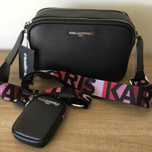 UNISEX KARL LAGERFELD Paris Black Crossbody Camera Bag Logo Strap Coin Pouch NWT